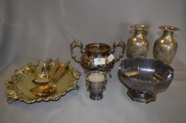 Collection of Silver Plated Ware Including Vases, Bowl, Tray and Cutlery