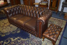 Brown Leather Buttoned Chesterfield Sofa and Footstool