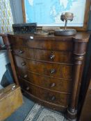Victorian Mahogany Bow Front Two over Three Chest of Drawers with Column Corners