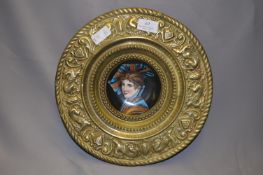 Circular Brass Wall Plaque with Painted Porcelain Center