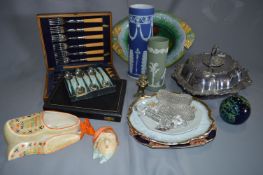 Silver Plated Serving Dish, Cased Cutlery, Nursery Plate, Wedgwood, Crown Devon Posy Holder, etc.