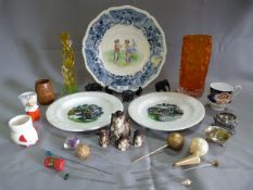 Table Lot; Two Nursery Alphabet Plates, Orange Glass Vase, Small Monkey Ornaments, Silver Plates