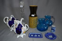 Blue Glass Jugs Sunderland Lustre, Tea and Sugar Pot, Wedgwood Hornsea Vase, etc.