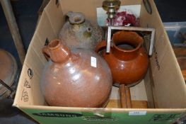 Box Containing Large Stoneware Jugs, Candle Stick, Trivet and Book Ends