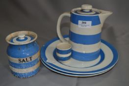 T.G. Green Cornish Ware; Coffee Pot, Salt Pot, Two Plates and an Egg Cup