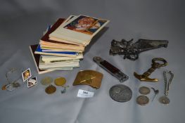 Tray of Eastern European Postcards, Medals, Badges, Coins, Russian Military Belt Buckle, etc.