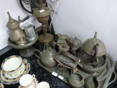 Large Quantity of Pewter Trays, Tea Sets and a Brass OIl Lamp