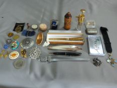 Tray Lot; Costume Jewellery, Japanese Oil Bottle, Pens, etc.