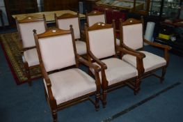 Set of Six Oak Framed Armchairs with Pink Upholstered Seats and Back
