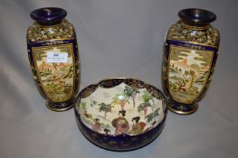 Pair of Japanese Blue & Gilt Decorated Vases and a Fruit Bowl