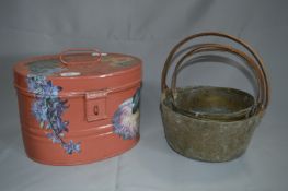 Three Brass Jam Pans and a Painted Tin Hat Box