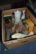 Box Containing Glass Vases, Ornaments, Clock, Vintage Books, Sylvac, etc.