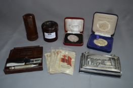 Kensitas Cigarette Silks, Commemorative Coins, Bakelite Items, Small Trinket Boxes, etc.