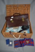 Picnic Basket Containing Masonic Leather Briefcase, Sashes and Medals