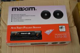 *Box Containing Ten Sets of Maxim AM/FM Car Stereos with Speakers
