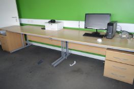 *Pair of Office Tables in Light Beech and Silver Finish with Two Standalone Drawer Pedestals