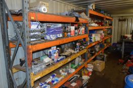 *Three Bays of Tyre Storage Racking Containing Assorted Vehicle Spare Parts; Lamps, Exhaust