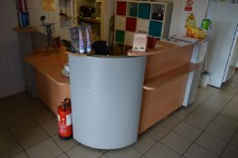 *L-Shaped Reception Counter in Light Beech and Silver Finish Approx. 6'x6'