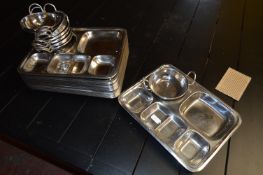 Twenty Five Segregated Stainless Steel Trays and Eight Stainless Steel Balti Dishes