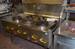 Five Burner Gas Fired Wok Range with Wet Well Top and Shelf to Rear