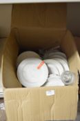 Box Containing Assorted White Side Plates, Soup Bowls, Saucers, Glassware, etc.