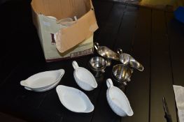 Mixed Box Containing Eared Dishes, Sauce Boat, Gravy Boat, Stainless Steel Chip Buckets, etc.
