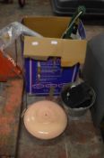 Box Containing Galvanised Bucket, Extension Leads, Garden Strimmer, etc.