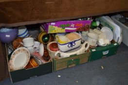 Four Boxes Containing Kitchenware, Pottery, Ornaments, Jardinieres, Trays, Cutlery, etc.