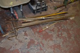 Eleven Assorted Gardening Tools ; Rakes, Hoses, etc.