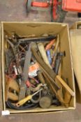 Box Containing Assorted Tools; Crowbars, Tenon Saws, Bike Spanners, etc.