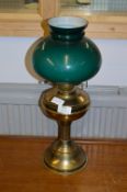 Brass Oil Lamp with Green Glass Shade