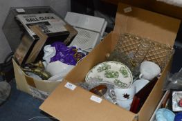 Two Boxes Containing Teaware, Ball Clock, Dinnerware, etc.