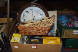 Box Containing Wall Clocks, Baskets, Radio, Prints, etc.