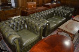 Green Leather Buttoned Three Piece Suite