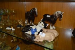 Six Decorative Ornaments Including Cats, Pigs, Horses and Dogs