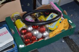 Box of Assorted Christmas Baubles, Cutlery Sets, Steering Wheel Cover, etc.