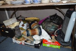 Four Boxes Containing Ornaments, Garden Ornaments, Table Linen, Jardiniers, Umbrella, etc.