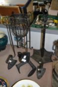 Cast Iron Ware; Umbrella Stand, Cobbler Lasts, Flat Irons, etc.