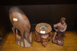 Carved Wood Antelope Ashtray and a Carved Chinese Figure