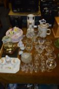Mixed Lot of Decorative Items; Cake Plates, Mantel Clocks, Dressing Table Set, Cut & Etched