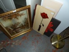 Three Unframed Printed Canvases and a Gilt Framed Oil Painting