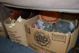 Two Boxes Containing Glassware, Ornaments, Handbags, etc.