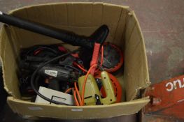 Box Containing Cordless Drills, Jigsaws, Bicycle Pumps, Extensions Leads, Jump Leads, etc.