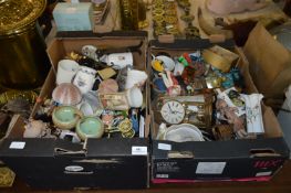Two Boxes Containing Ornaments, Teaware, Clocks, Glassware, etc.