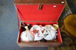 Ottoman Containing Various Vintage Lights, Lampshades, Umbrellas, Clothes Brushes, Glass Vases,