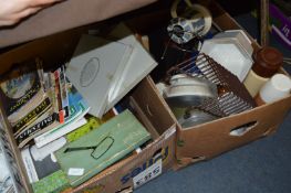 Two Boxes Containing Magazines, Decorative Plates, Flasks, Jardiniere, etc.