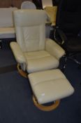 Stressless Style Beech and Cream Leather Reclining Chair and Footstool