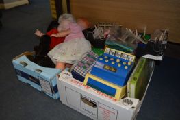 Four Boxes of Assorted Children's Toys, Dolls, Till, etc.