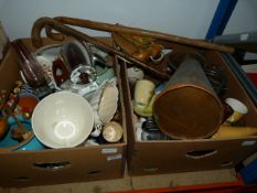 Two Boxes of Assorted Decorative Pottery, Copper Ware, Glassware, Scale Weights, Walking Sticks,
