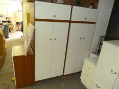 Cream & Teak Bedroom Suite; Chest of Four Drawers and Two Double Wardrobes